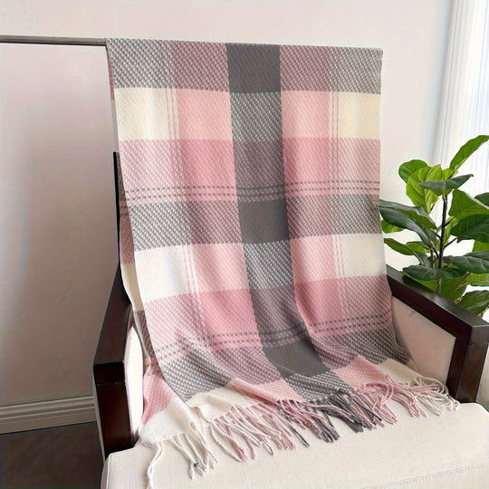 Marieke - Elegant Checked Scarf with Fringes, Warm &amp; Stylish for Fall/Winter