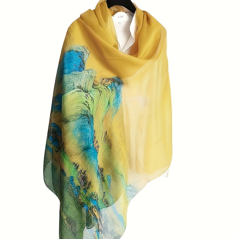 Lisanne - Elegant 100% Silk Scarf with Artistic Landscape Design