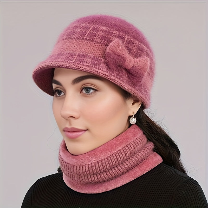 Femke - Fashionable Autumn and Winter Hat with Bow Decoration | Thick Warm Knitted Hat with Fleece