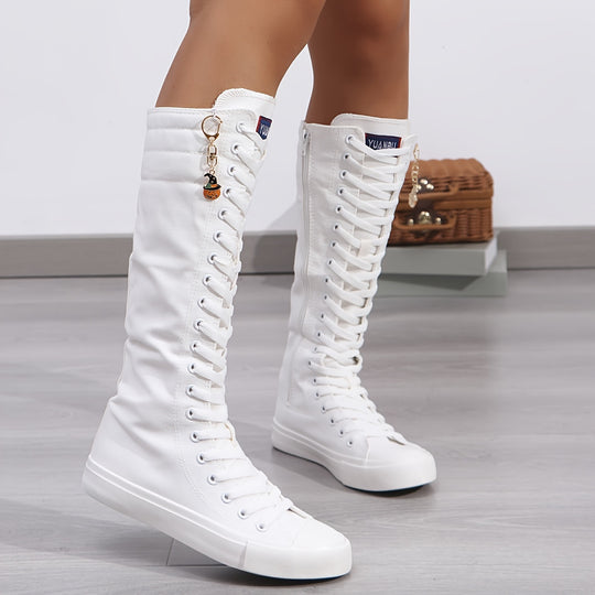 Sanne - Casual Knee High Canvas Boots With Zipper and Low Heel