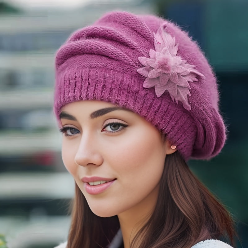 Lotte - Striped Slouchy Beanie with Floral Decor - Elegant Knitted Hat for Women