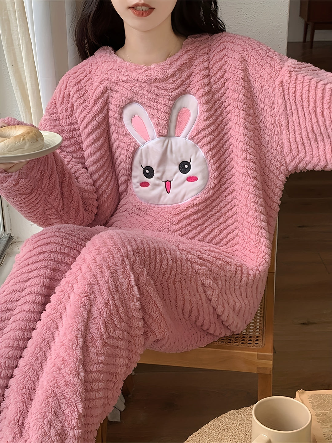 Emma - Cute Bunny Print Fleece Long Sleeve Pyjama Set