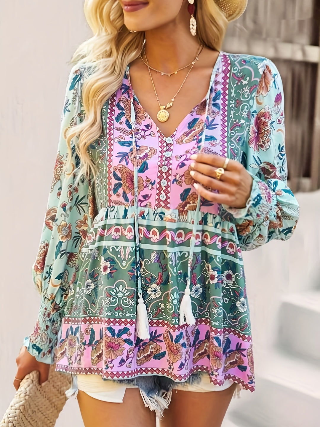 Fleur - Ethnic Floral Print Blouse with Lace and V-Neck