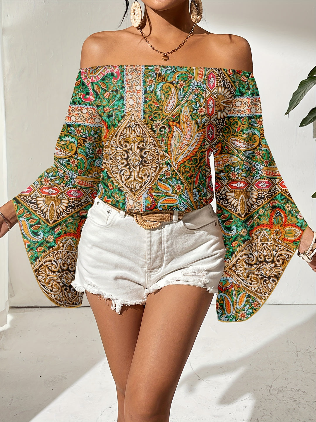 Fleur - Off-Shoulder Blouse With Geometric Print