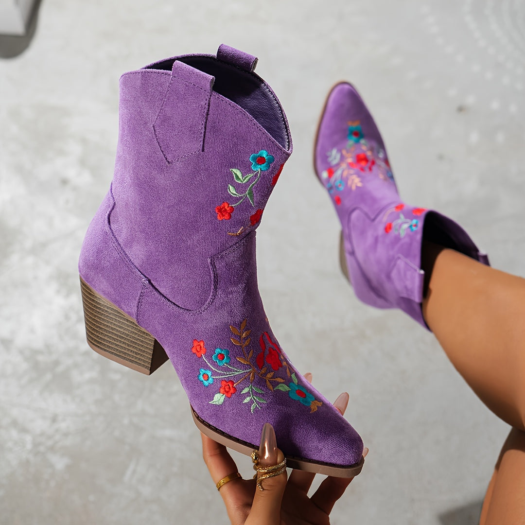 Iris - Fashionable Floral Pattern Chunky Heel Slip-On Boots