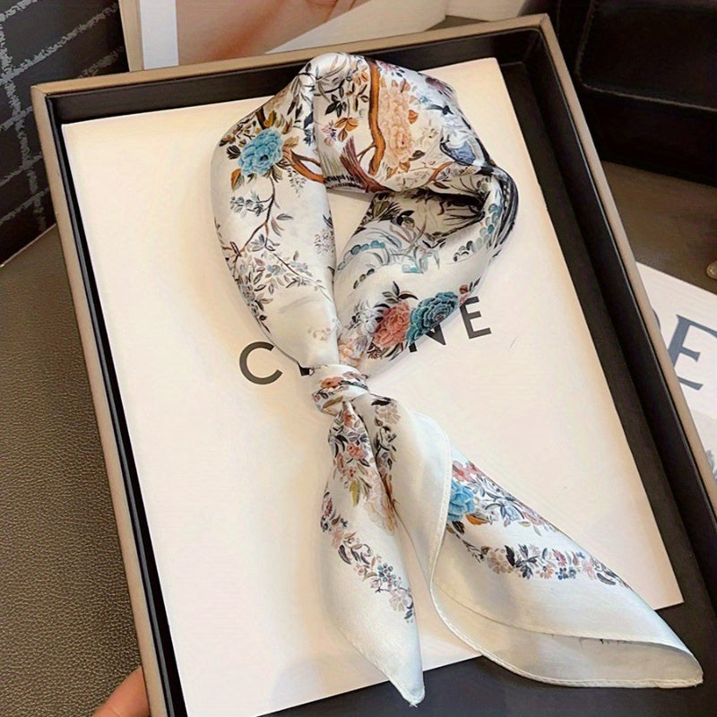 Elise - Elegant Silk Scarf with Bird and Flower Print