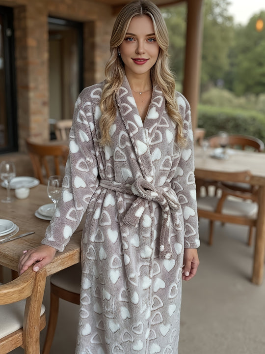 Elise - Elegant Flannel Robe with Heart Pattern and Belt