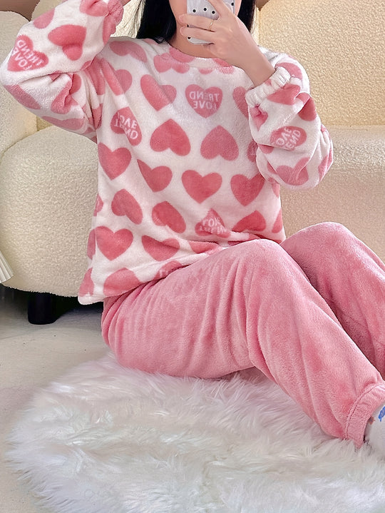 Linde - Schattige Hartprint Fleece Pyjamaset met Ronde Hals