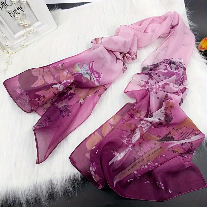 Iris - Elegant Thin Chiffon Scarf with Traditional Chinese Print