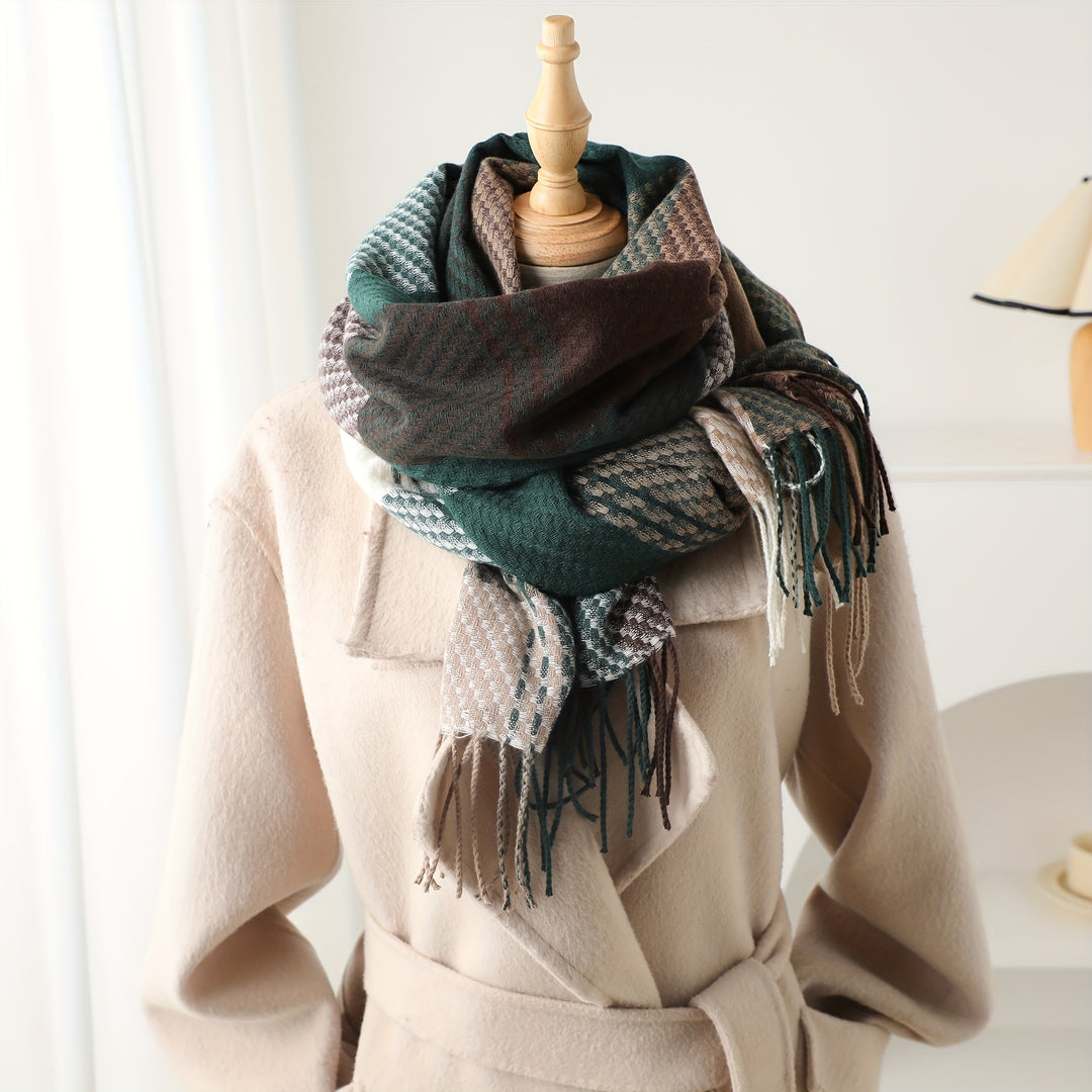 Marieke - Elegant Checked Scarf with Fringes, Warm &amp; Stylish for Fall/Winter