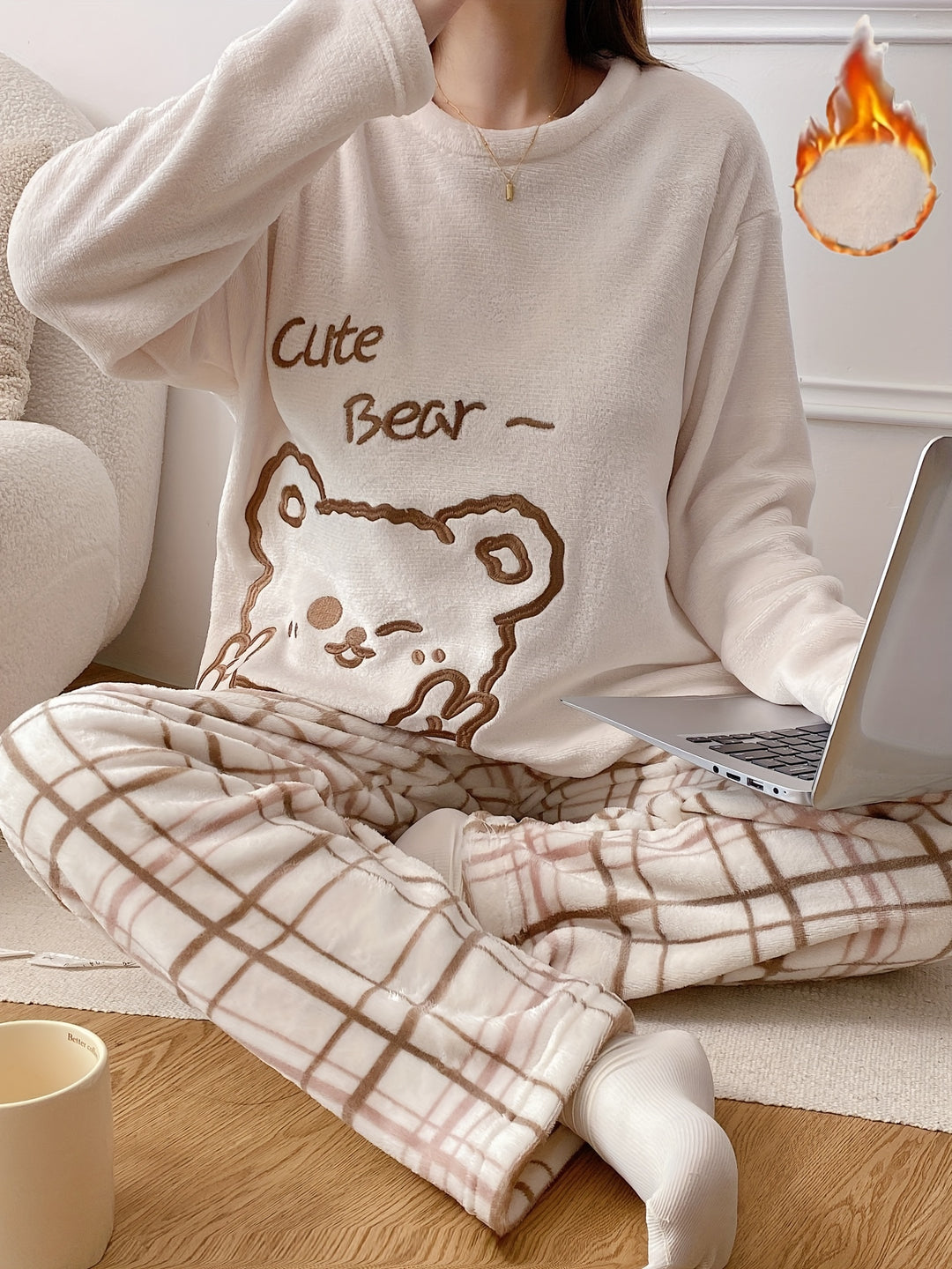 Lotte - Cute Animal Print Fleece Pyjama Set with Round Neck