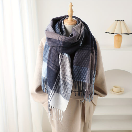 Marieke - Elegant Checked Scarf with Fringes, Warm &amp; Stylish for Fall/Winter