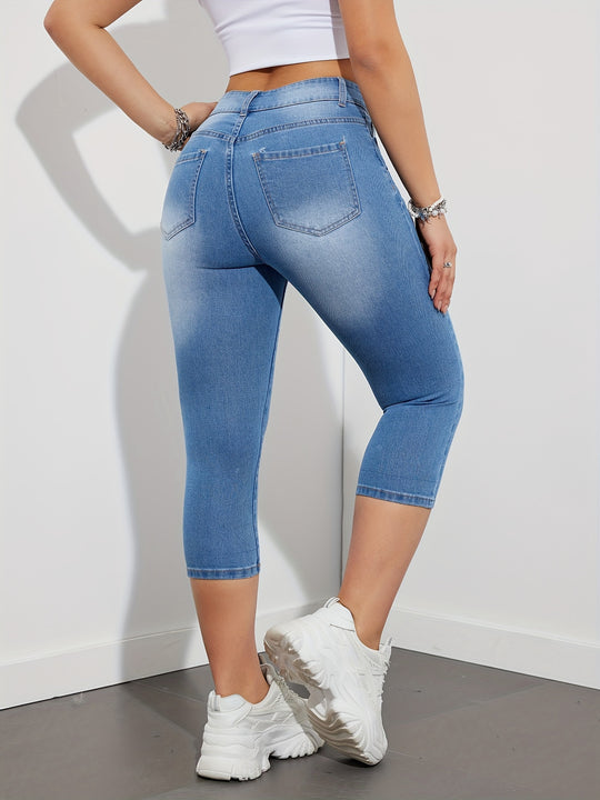 Julia - Slim Fit Denim Capri Jeans met Kettingdetail