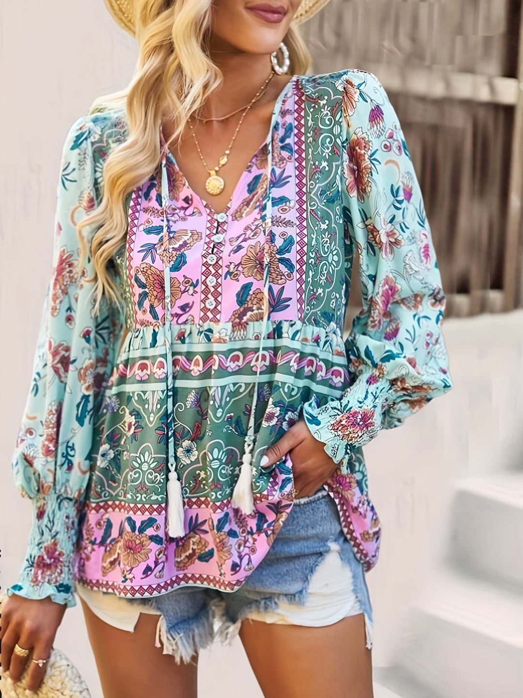 Fleur - Ethnic Floral Print Blouse with Lace and V-Neck