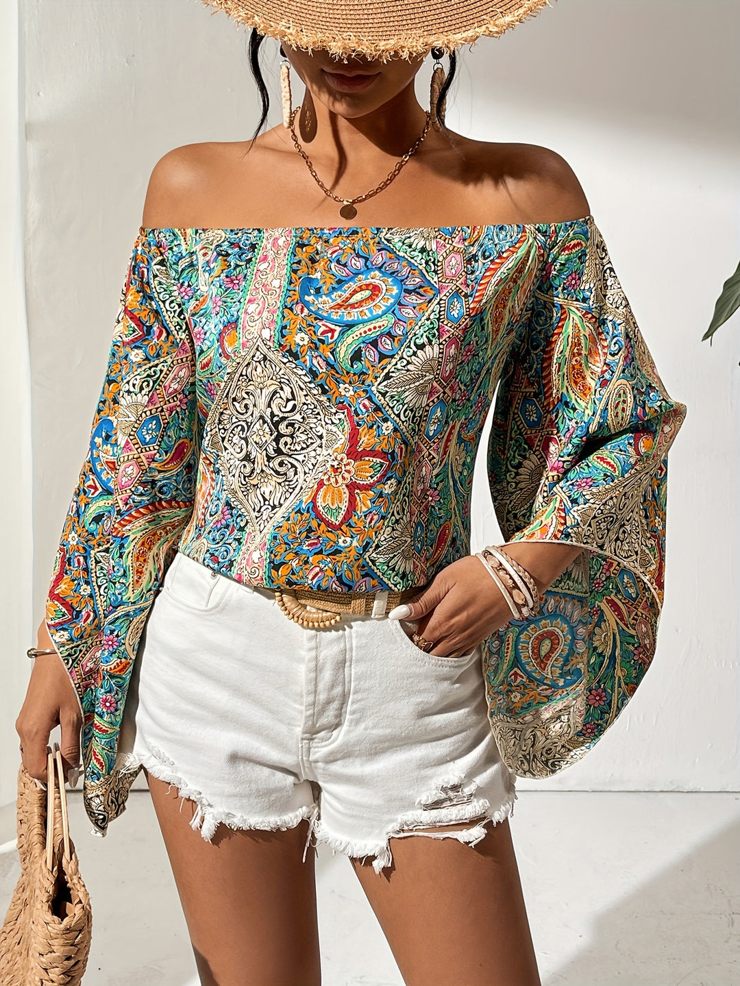 Fleur - Off-Shoulder Blouse With Geometric Print