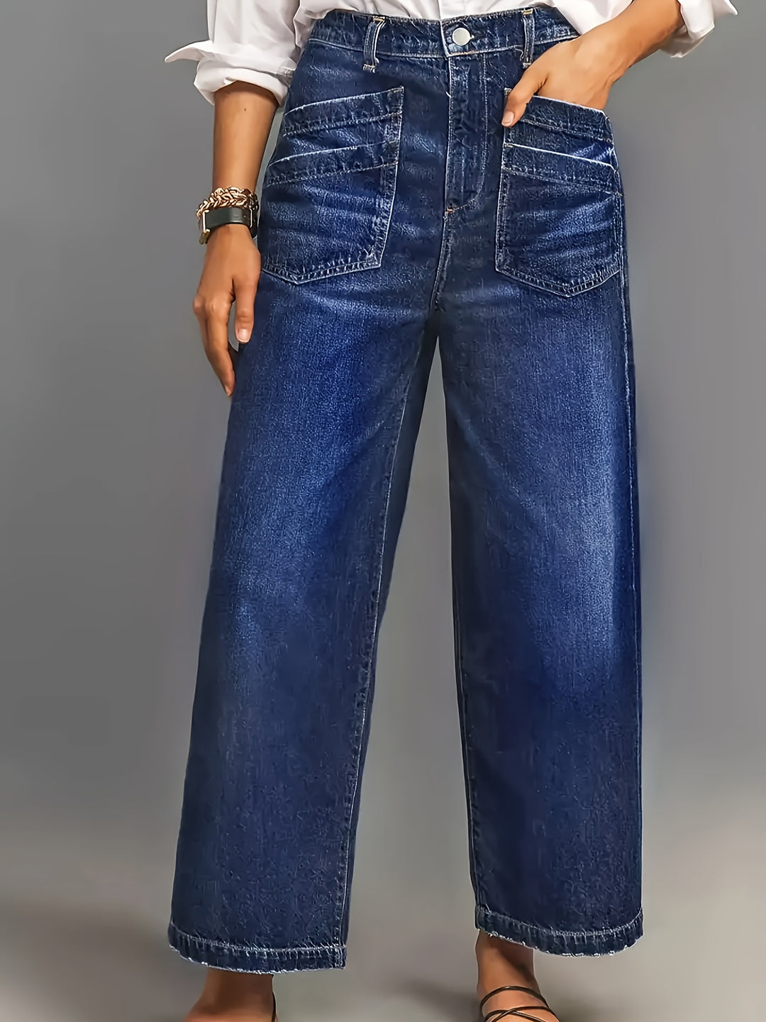 Femke - Vintage Wijde Pijp Cropped Jeans Met Knoopsluiting