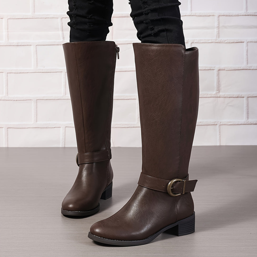 Sanne - Women's Boots With Buckle Strap In Solid Color, Comfortable Block Heel With Side Zipper