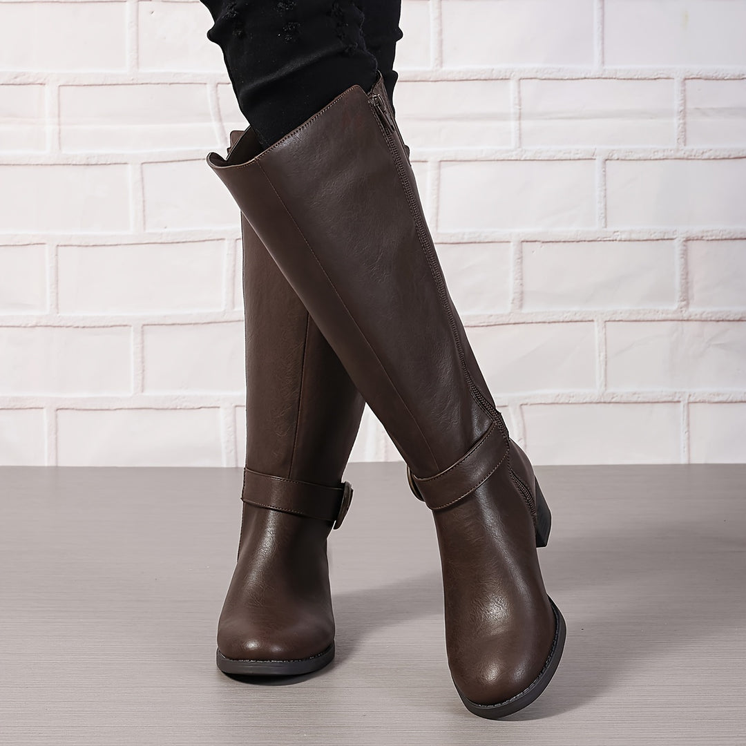 Sanne - Women's Boots With Buckle Strap In Solid Color, Comfortable Block Heel With Side Zipper