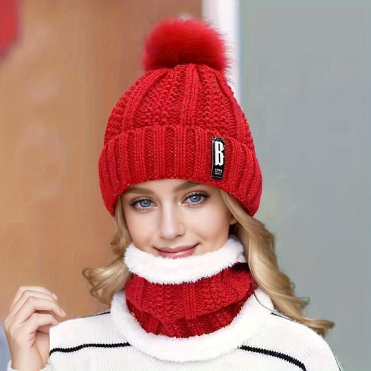 Iris - Knitted Winter Hat &amp; Scarf Set | Warm Fleece Lining with Pom-Pom Detail