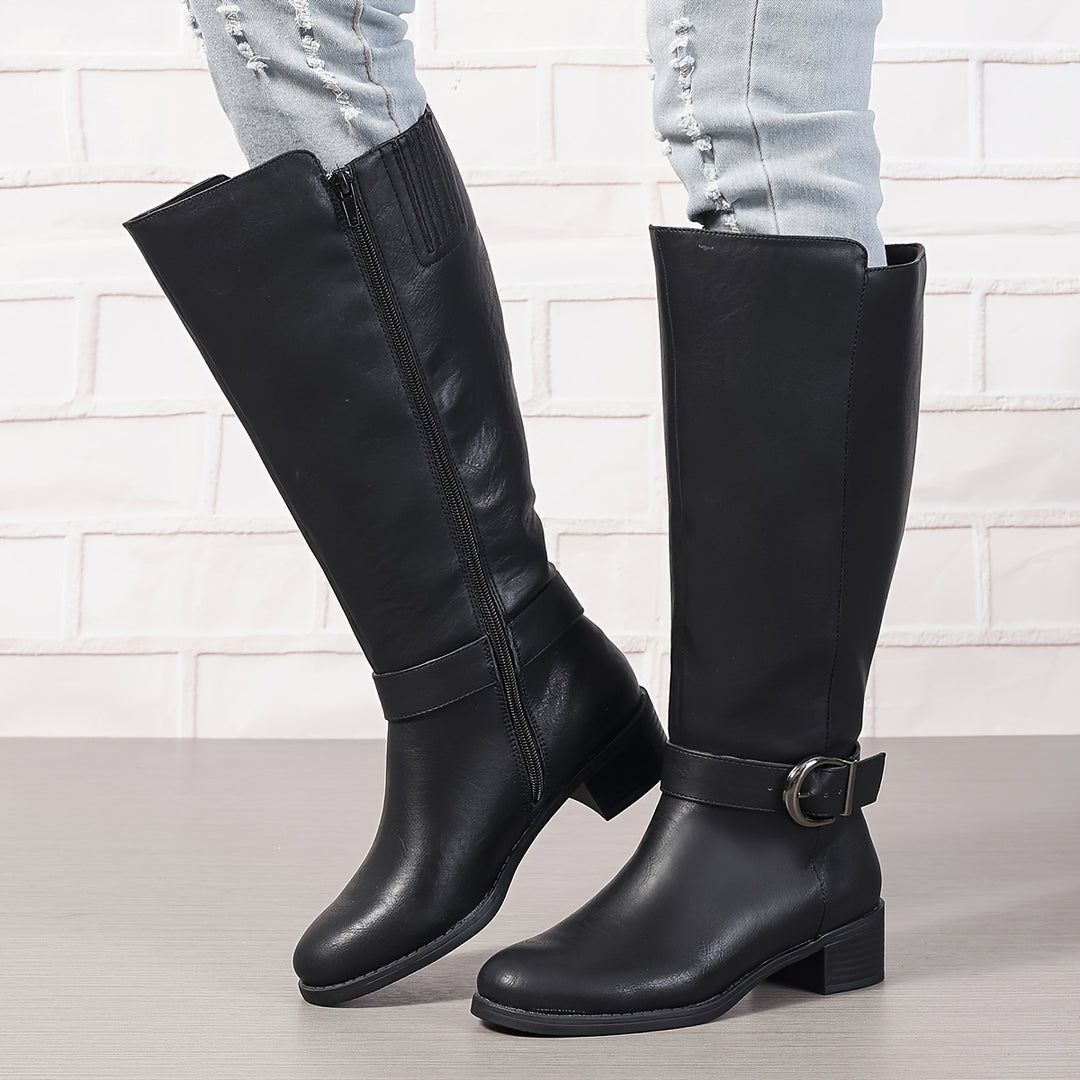 Sanne - Women's Boots With Buckle Strap In Solid Color, Comfortable Block Heel With Side Zipper