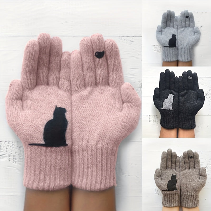 Merel - Elegante Gebreide Handschoenen met Kattenprint en Winddichte Bescherming