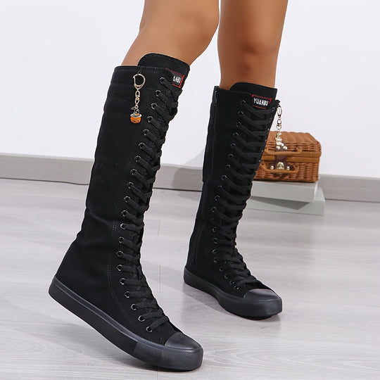 Sanne - Casual Knee High Canvas Boots With Zipper and Low Heel