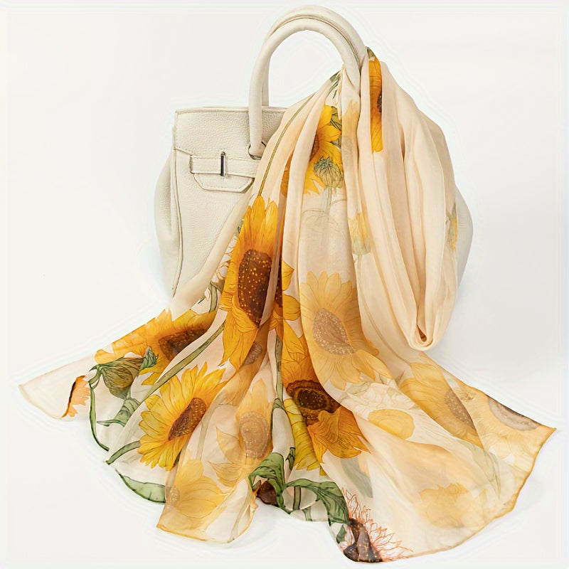 Eveline - Elegant Sunflower Pattern Silk Scarf made of 100% Mulberry Silk