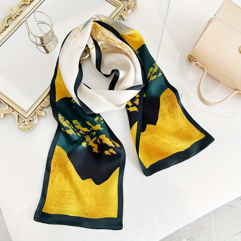 Marieke - Fashionable Yellow Silk Ribbon Scarf with Elegant Forest Design