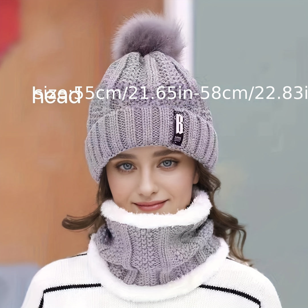 Iris - Knitted Winter Hat &amp; Scarf Set | Warm Fleece Lining with Pom-Pom Detail