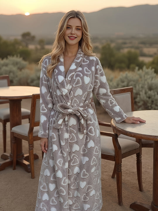 Elise - Elegant Flannel Robe with Heart Pattern and Belt