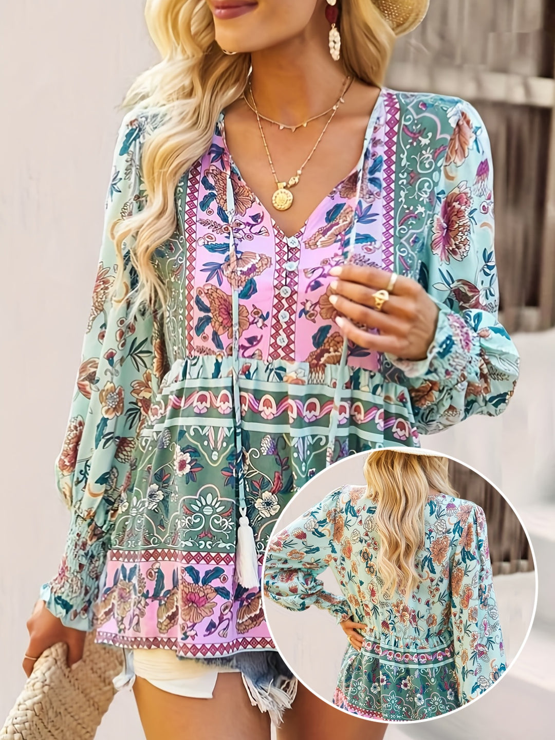 Fleur - Ethnic Floral Print Blouse with Lace and V-Neck