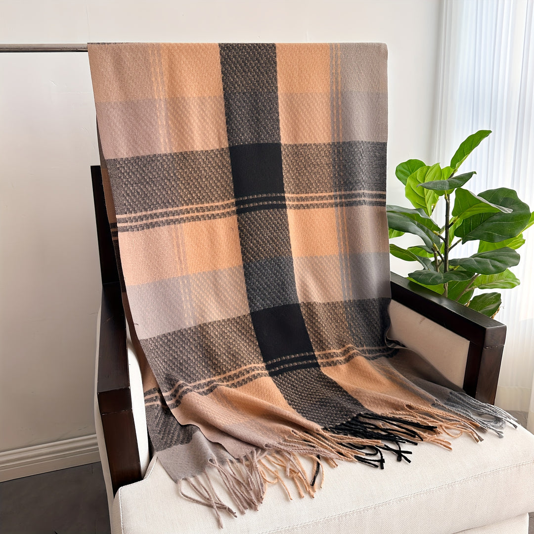 Marieke - Elegant Checked Scarf with Fringes, Warm &amp; Stylish for Fall/Winter