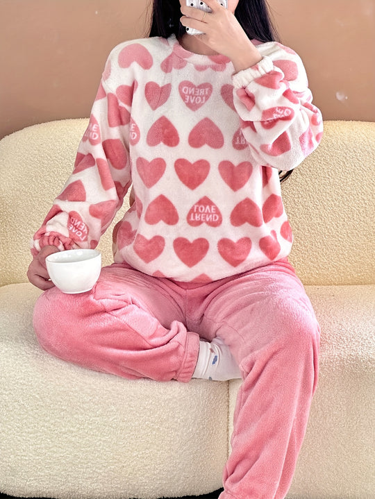 Linde - Cute Heart Print Fleece Pyjama Set with Round Neck