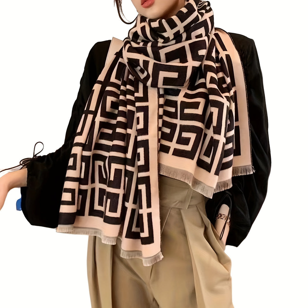 Sofie - Stylish Double G-jacquard Scarf, Warm Autumn/Winter Scarf with Fringes