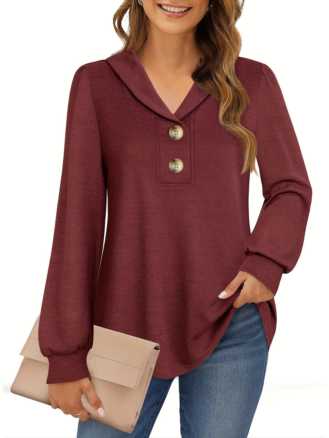 Lotte - Elegant Tunic with Long Puff Sleeves and V-Neck | Perfect for Work and Casual