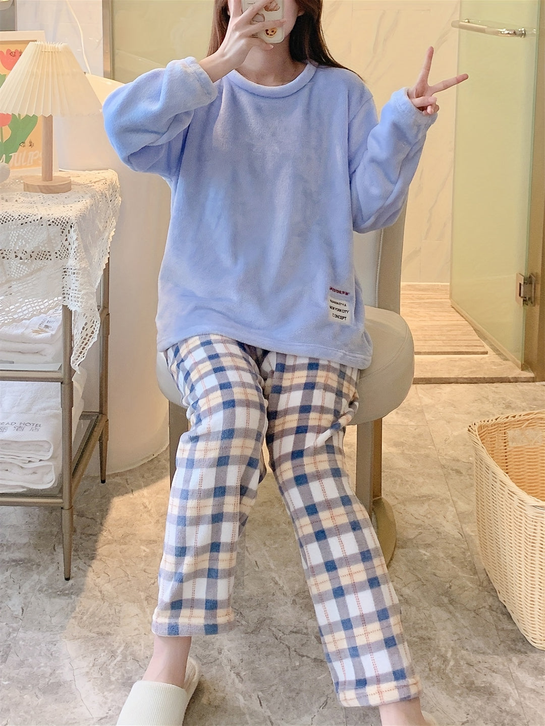 Amber - Warm Checked Pyjama Set with Embroidered Details and Round Neck