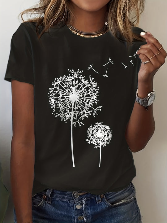 Dahlia - Dandelion Print T-Shirt, Casual Short Sleeve Top