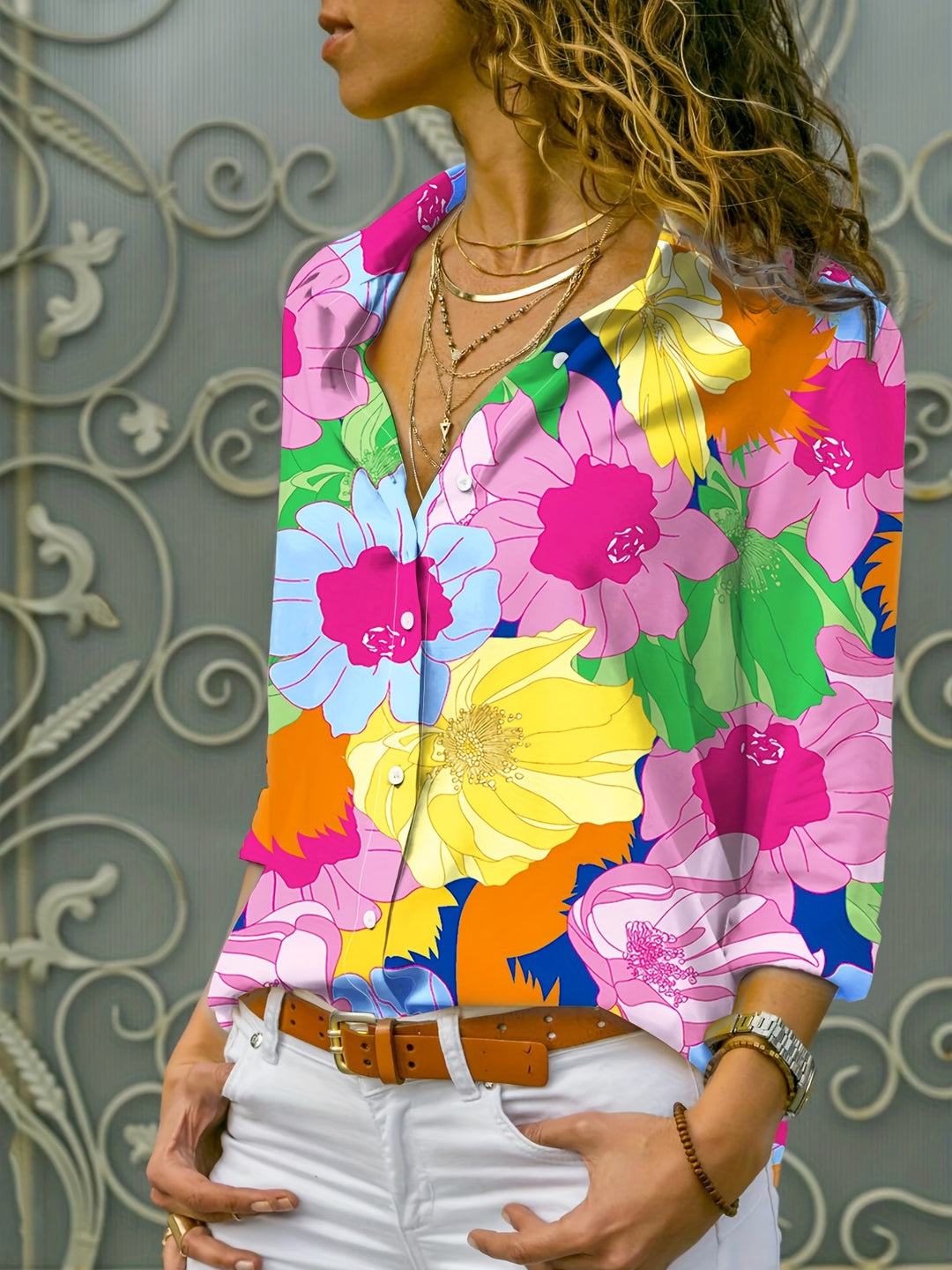 Laura - Floral Print Polo Blouse with Button Closure