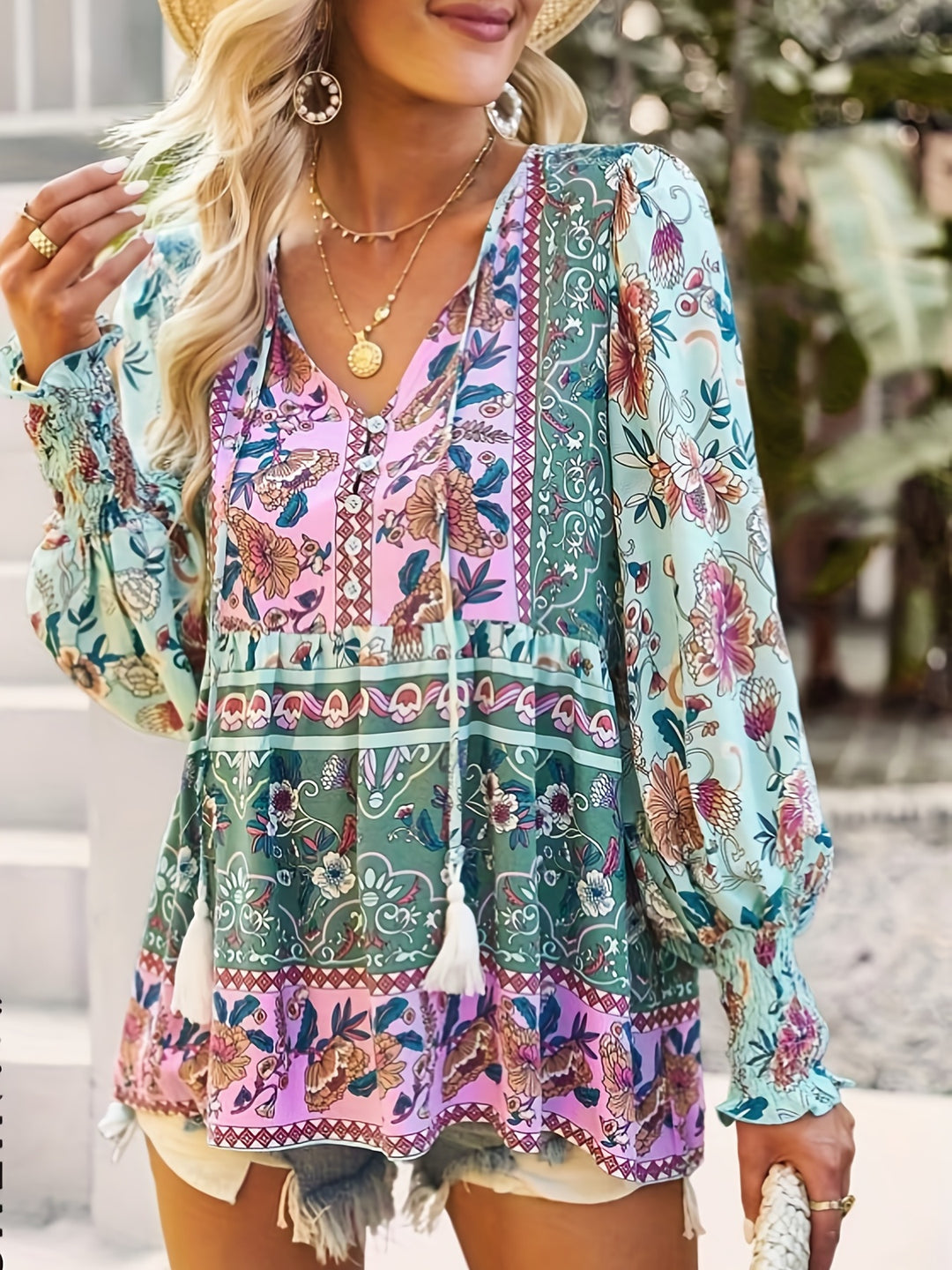 Fleur - Ethnic Floral Print Blouse with Lace and V-Neck