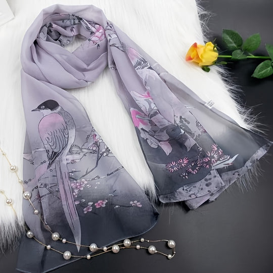 Iris - Elegant Thin Chiffon Scarf with Traditional Chinese Print