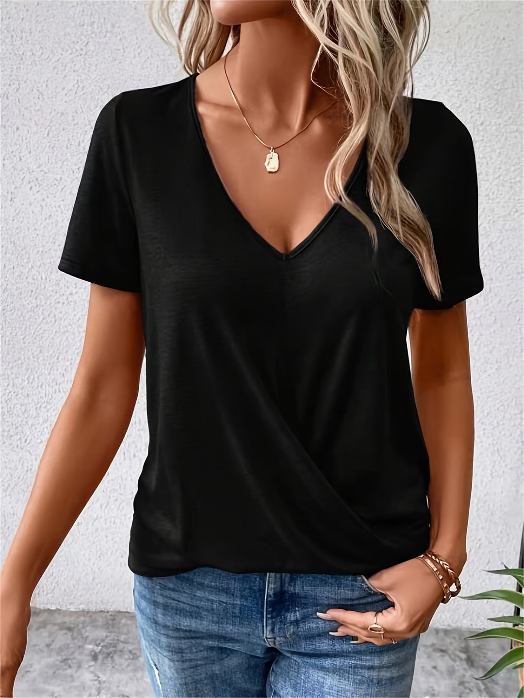 Lotte - V-Neck T-Shirt with Twisted Hem, Casual Short Sleeve T-Shirt