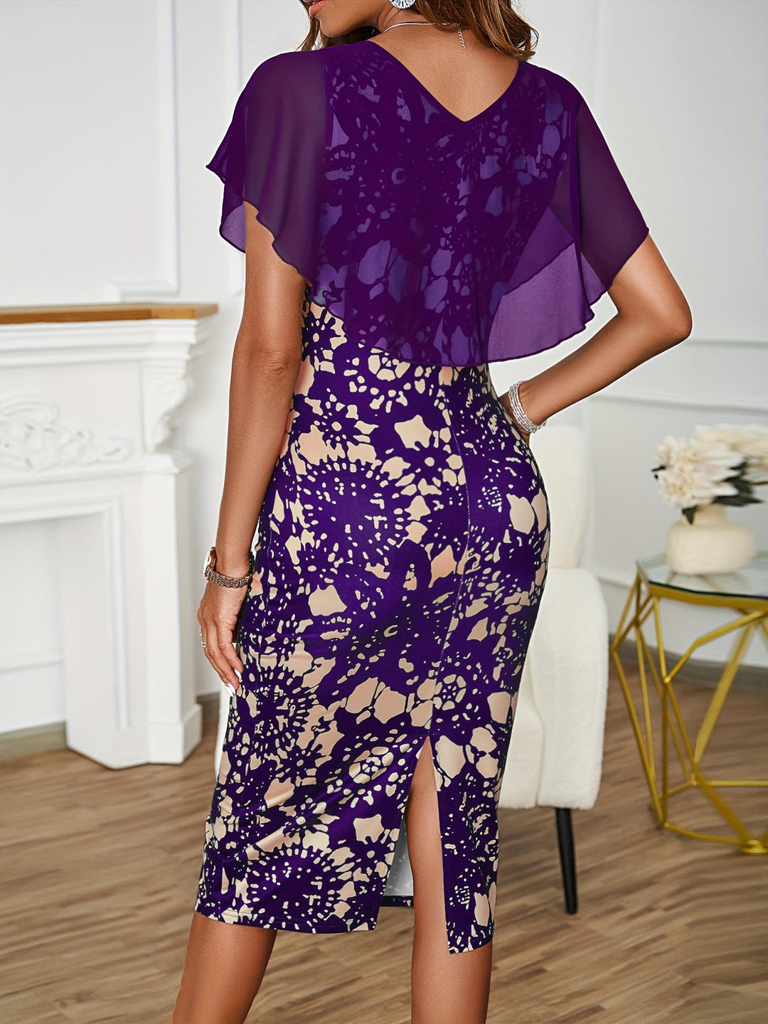 Sophie - Elegant Bodycon Dress with Floral Print and Net Details