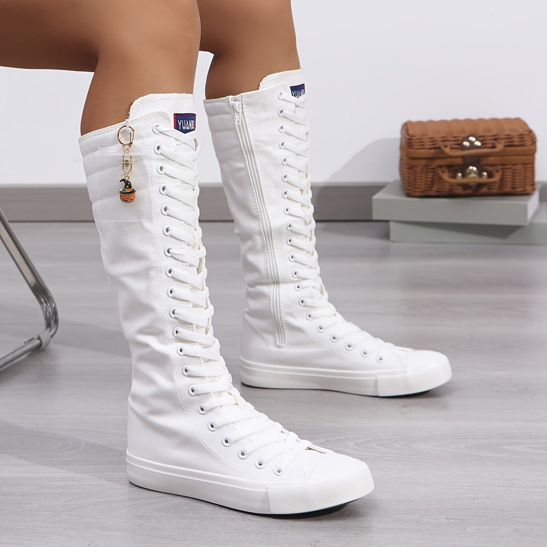 Sanne - Casual Knee High Canvas Boots With Zipper and Low Heel