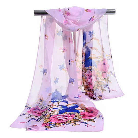 Femke - Elegant Long Scarf with Floral Print in Lightweight Chiffon