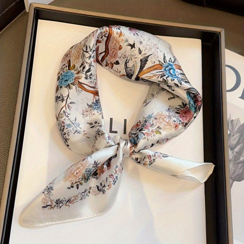 Elise - Elegant Silk Scarf with Bird and Flower Print