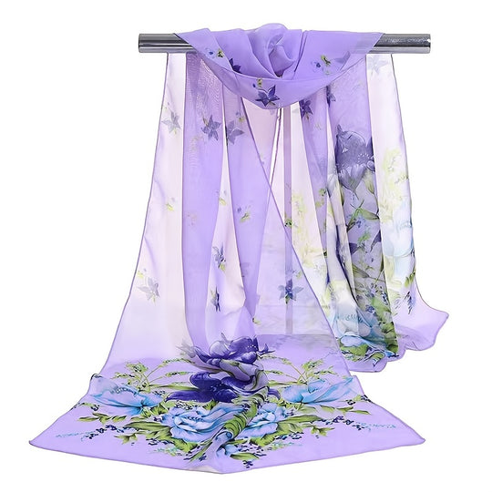 Femke - Elegant Long Scarf with Floral Print in Lightweight Chiffon