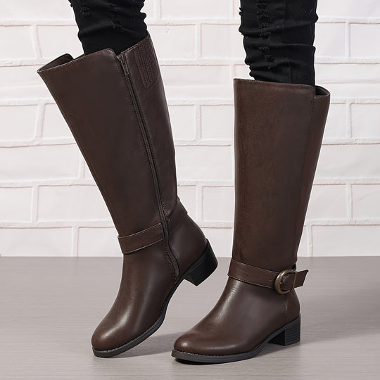 Sanne - Women's Boots With Buckle Strap In Solid Color, Comfortable Block Heel With Side Zipper