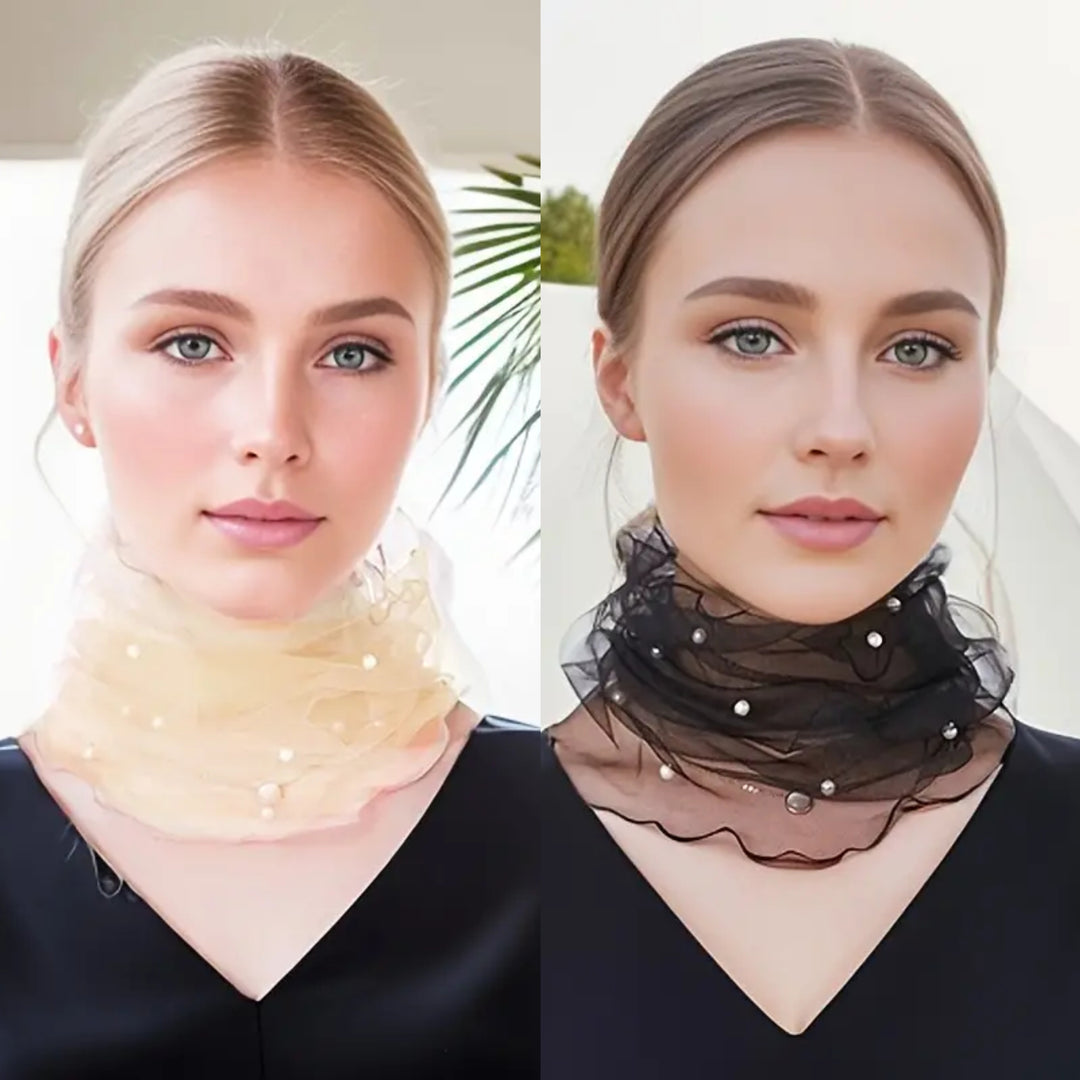 Milou - Elegant Black Mesh Neckwarmer with Imitation Pearls