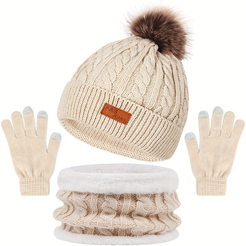 Iris - Winter 3-in-1 Set met Pom-Pom | Warme Gebreide Muts, Sjaal en Touchscreen Handschoenen