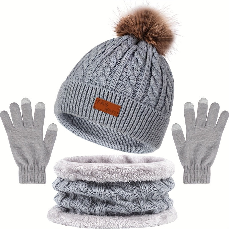 Iris - Winter 3-in-1 Set met Pom-Pom | Warme Gebreide Muts, Sjaal en Touchscreen Handschoenen